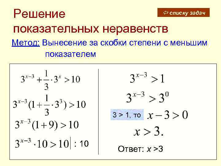  списку задач Решение показательных неравенств Метод: Вынесение за скобки степени с меньшим показателем