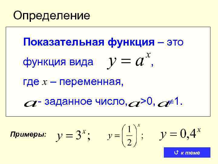 Определение Показательная функция – это функция вида , где x – переменная, - заданное