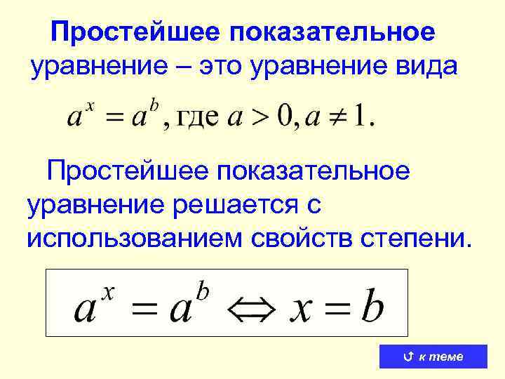 Простейшее показательное уравнение – это уравнение вида Простейшее показательное уравнение решается с использованием свойств