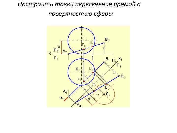 Построить точки пересечения прямой с поверхностью сферы 