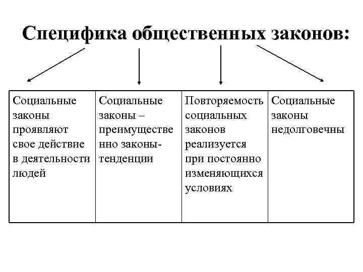 Специфика общественных законов: Социальные законы проявляют свое действие в деятельности людей Социальные законы –