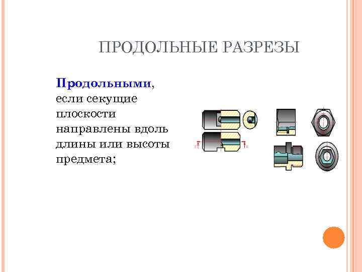 ПРОДОЛЬНЫЕ РАЗРЕЗЫ Продольными, если секущие плоскости направлены вдоль длины или высоты предмета; 
