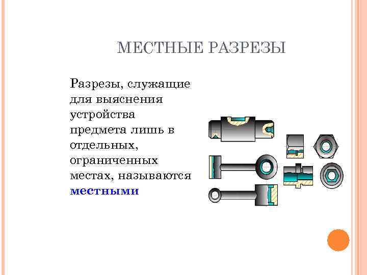 МЕСТНЫЕ РАЗРЕЗЫ Разрезы, служащие для выяснения устройства предмета лишь в отдельных, ограниченных местах, называются