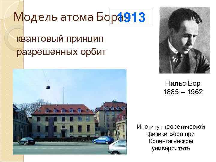 Модель атома Бора 1913 квантовый принцип разрешенных орбит Нильс Бор 1885 – 1962 Институт