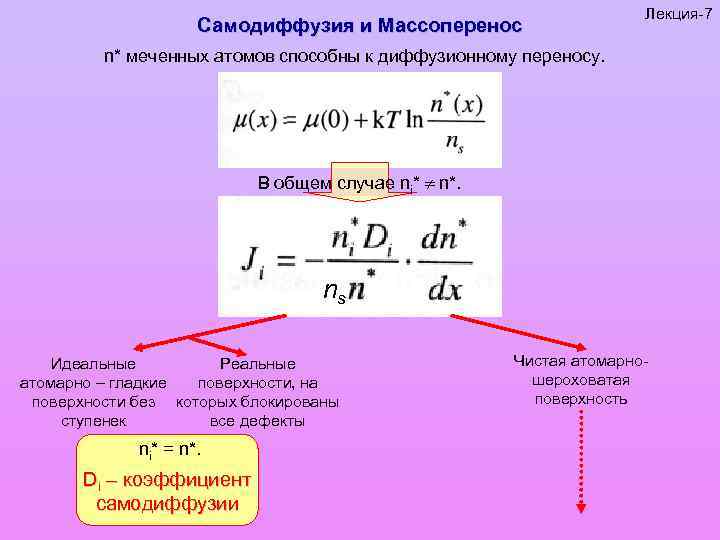 Самодиффузия и Массоперенос Лекция-7 n* меченных атомов способны к диффузионному переносу. В общем случае