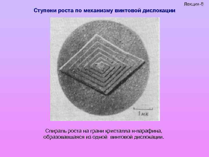Лекция-8 Ступени роста по механизму винтовой дислокации Спираль роста на грани кристалла н-парафина, образовавшаяся