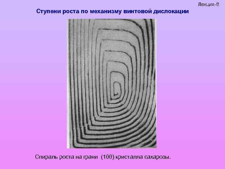 Лекция-8 Ступени роста по механизму винтовой дислокации Спираль роста на грани (100) кристалла сахарозы.