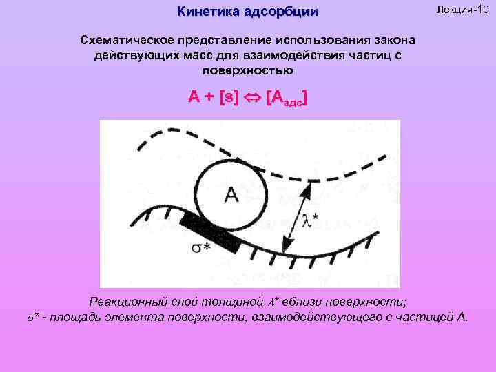 Кинетика адсорбции Лекция-10 Схематическое представление использования закона действующих масс для взаимодействия частиц с поверхностью
