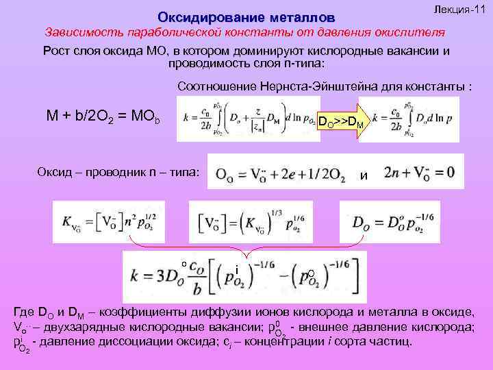 Лекция-11 Оксидирование металлов Зависимость параболической константы от давления окислителя Рост слоя оксида МО, в