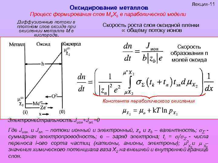 Оксидирование металлов Лекция-11 Процесс формирования слоя Ма. Хb в параболической модели Диффузионные потоки в