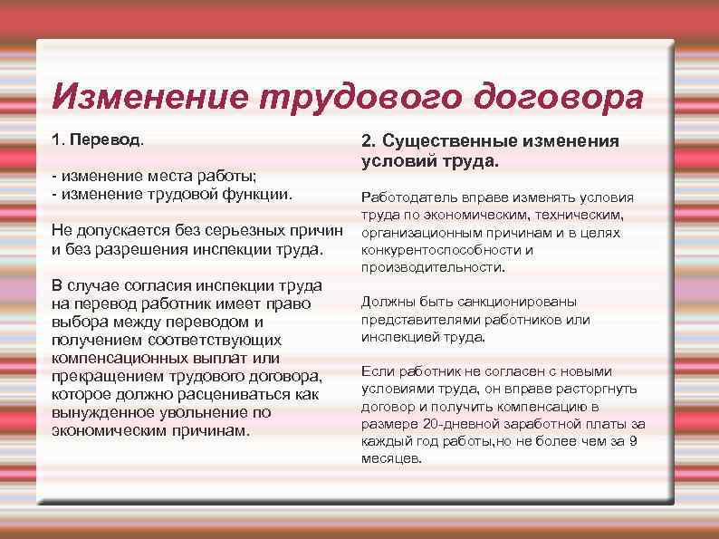 Изменение трудового договора 1. Перевод. - изменение места работы; - изменение трудовой функции. Не
