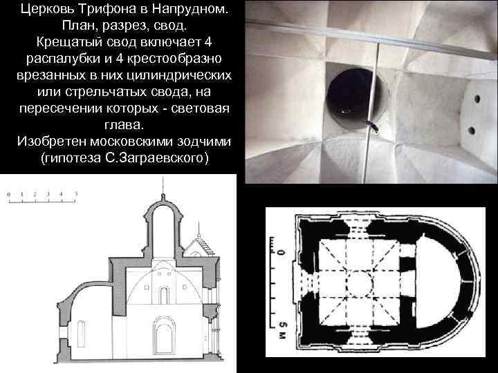 Церковь Трифона в Напрудном. План, разрез, свод. Крещатый свод включает 4 распалубки и 4