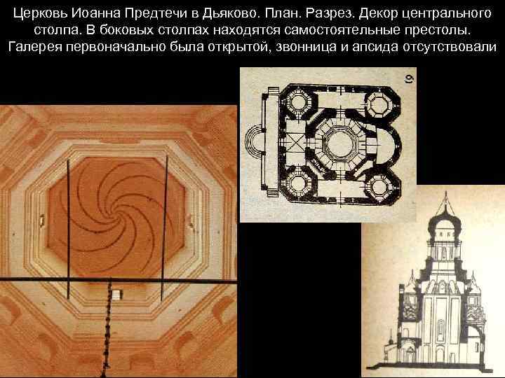 Церковь Иоанна Предтечи в Дьяково. План. Разрез. Декор центрального столпа. В боковых столпах находятся