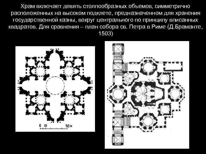 Храм включает девять столпообразных объемов, симметрично расположенных на высоком подклете, предназначенном для хранения государственной