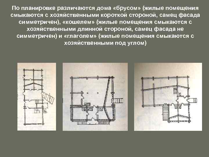 По планировке различаются дома «брусом» (жилые помещения смыкаются с хозяйственными короткой стороной, самец фасада