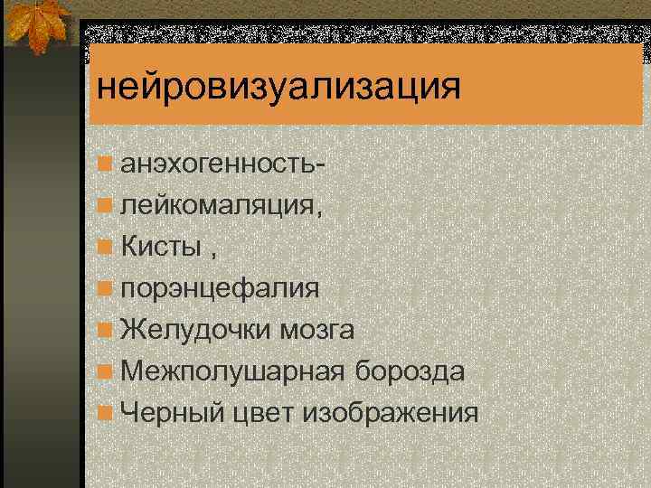 нейровизуализация n анэхогенность- n лейкомаляция, n Кисты , n порэнцефалия n Желудочки мозга n