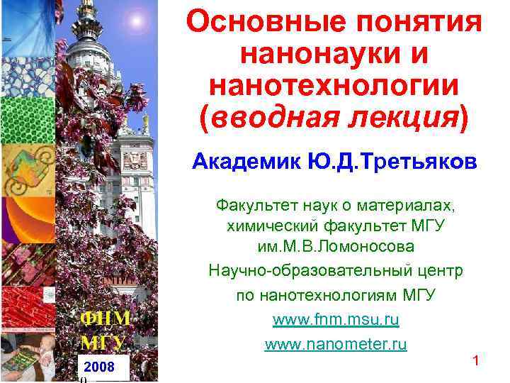 Основные понятия нанонауки и нанотехнологии (вводная лекция) Академик Ю. Д. Третьяков Факультет наук о