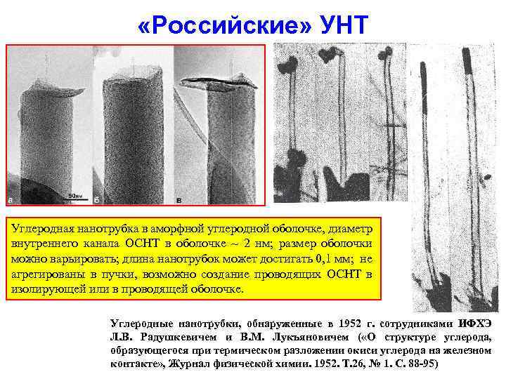  «Российские» УНТ Углеродная нанотрубка в аморфной углеродной оболочке, диаметр внутреннего канала ОСНТ в