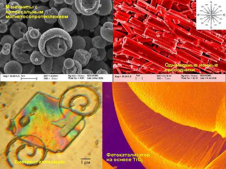 Манганиты с колоссальным магнетосопротивлением Одномерные ионные проводники 56 Биокристаллизация Фотокатализатор на основе Ti. O