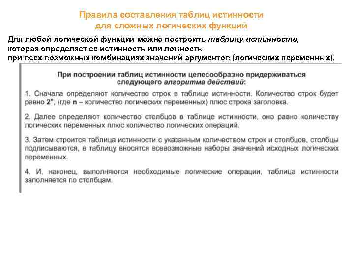 Правила составления таблиц истинности для сложных логических функций Для любой логической функции можно построить