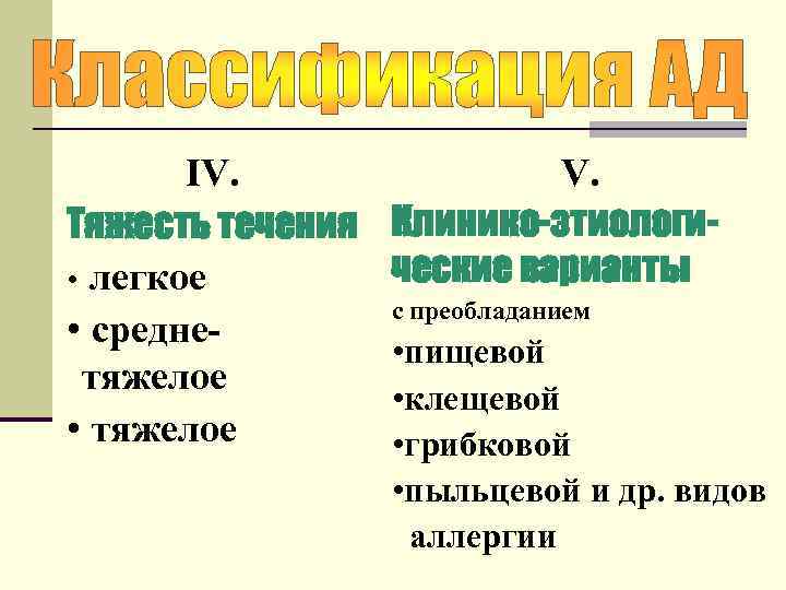 IV. Тяжесть течения • легкое • среднетяжелое • тяжелое V. Клинико-этиологические варианты с преобладанием