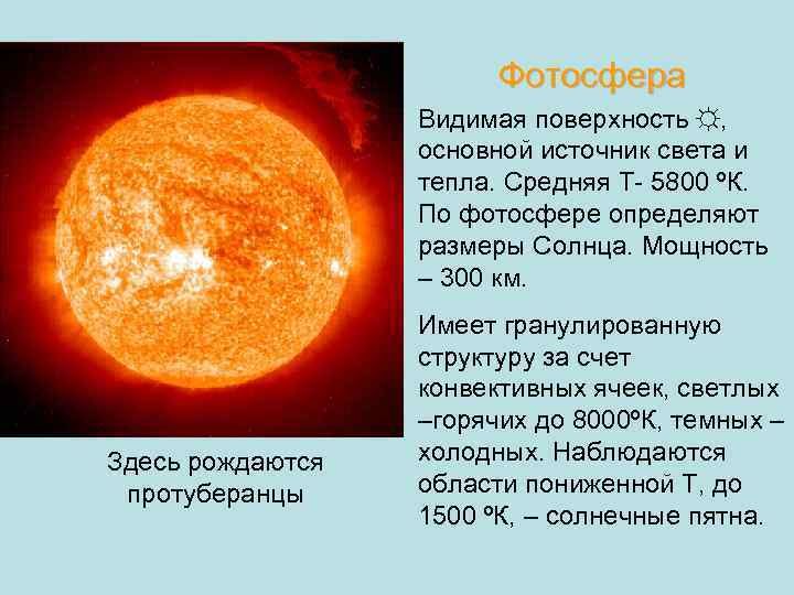  Фотосфера Видимая поверхность ☼, основной источник света и тепла. Средняя T- 5800 ºК.