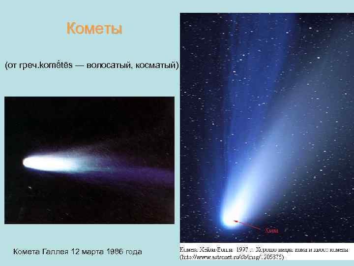 Кометы (от греч. komḗtēs — волосатый, косматый) Комета Галлея 12 марта 1986 года 