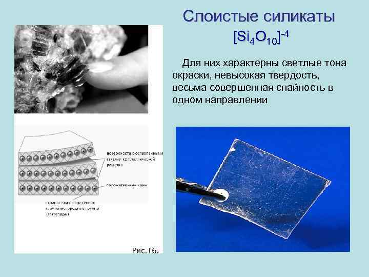 Слоистые силикаты [Si 4 O 10]-4 Для них характерны светлые тона окраски, невысокая твердость,