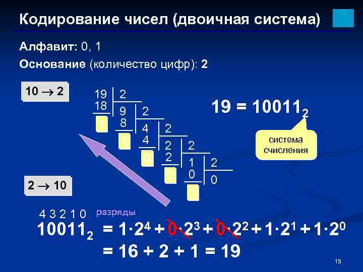 Кодирование чисел (двоичная система) Алфавит: 0, 1 Основание (количество цифр): 2 10 2 19
