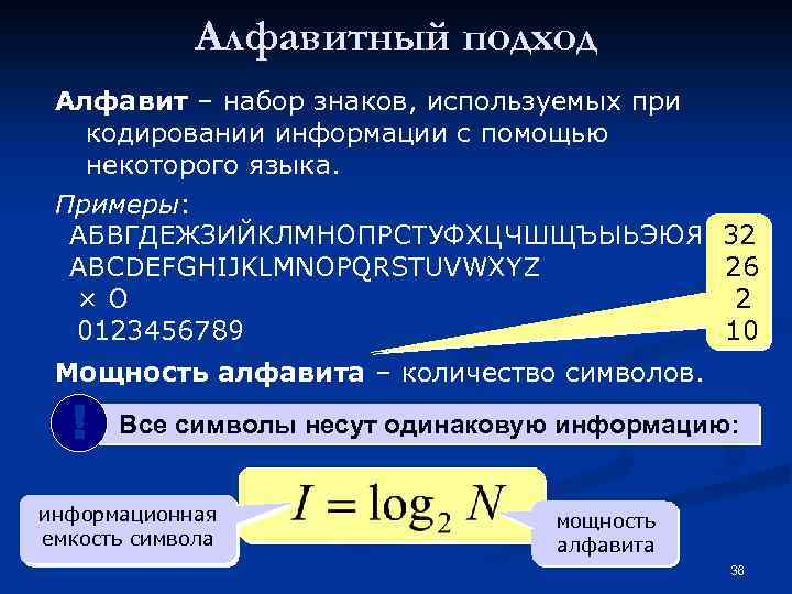 Алфавитный подход Алфавит – набор знаков, используемых при кодировании информации с помощью некоторого языка.