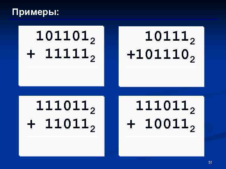 Примеры: 1011012 + 111112 101112 +1011102 1110112 + 110112 1110112 + 100112 51 