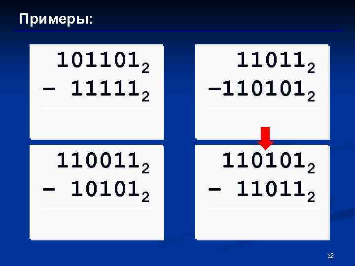 Примеры: 1011012 – 111112 110112 – 1101012 1100112 – 101012 1101012 – 110112 52