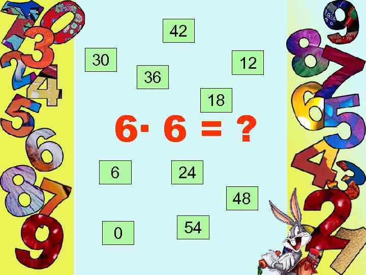42 30 12 36 18 6· 6 = ? 6 24 48 0 54