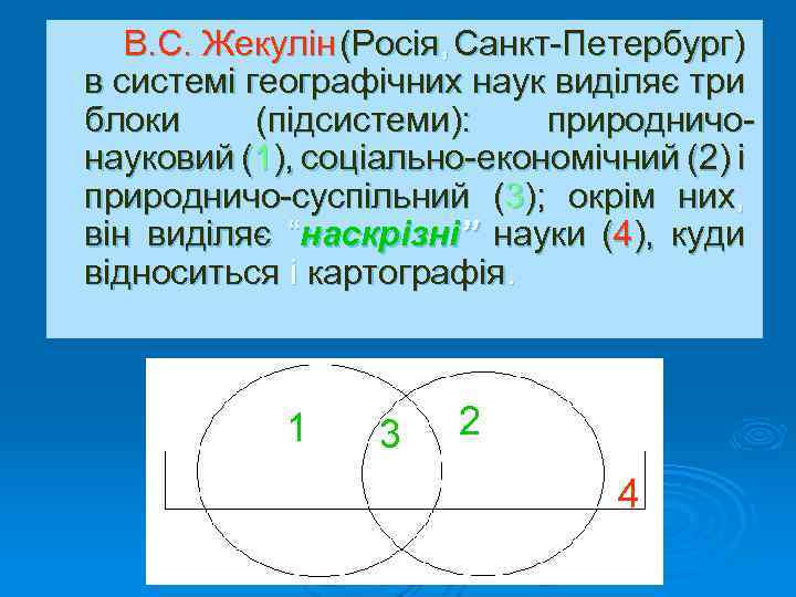 В. С. Жекулін (Росія, Санкт-Петербург) в системі географічних наук виділяє три блоки (підсистеми): природничонауковий