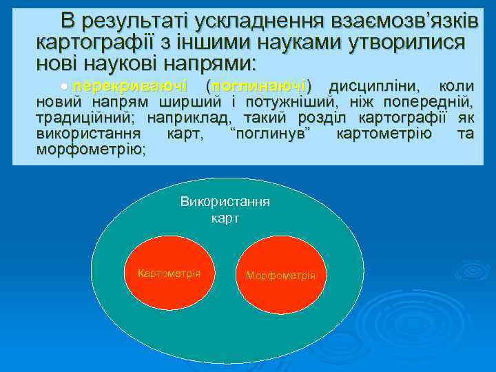 В результаті ускладнення взаємозв’язків картографії з іншими науками утворилися нові наукові напрями: перекриваючі (поглинаючі)