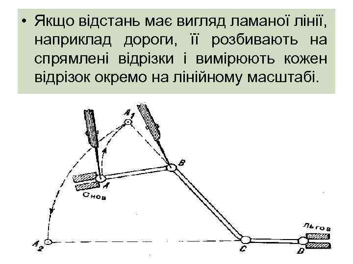  • Якщо відстань має вигляд ламаної лінії, наприклад дороги, її розбивають на спрямлені