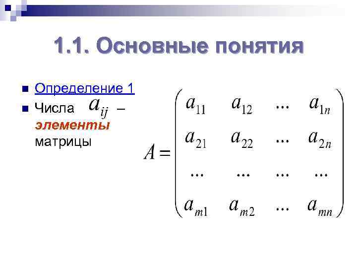 1. 1. Основные понятия n n Определение 1 Числа – элементы матрицы 