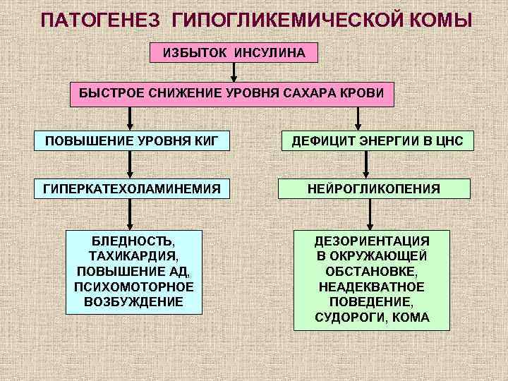 ПАТОГЕНЕЗ ГИПОГЛИКЕМИЧЕСКОЙ КОМЫ ИЗБЫТОК ИНСУЛИНА БЫСТРОЕ СНИЖЕНИЕ УРОВНЯ САХАРА КРОВИ ПОВЫШЕНИЕ УРОВНЯ КИГ ДЕФИЦИТ