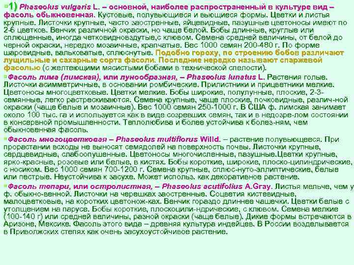 § 1) Phaseolus vulgaris L. – основной, наиболее распространенный в культуре вид – фасоль