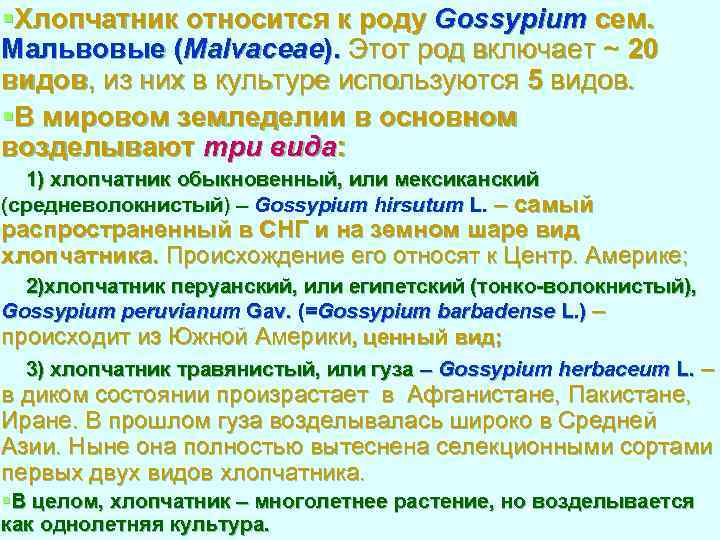 §Хлопчатник относится к роду Gossypium сем. Мальвовые (Malvaceae). Этот род включает ~ 20 видов,