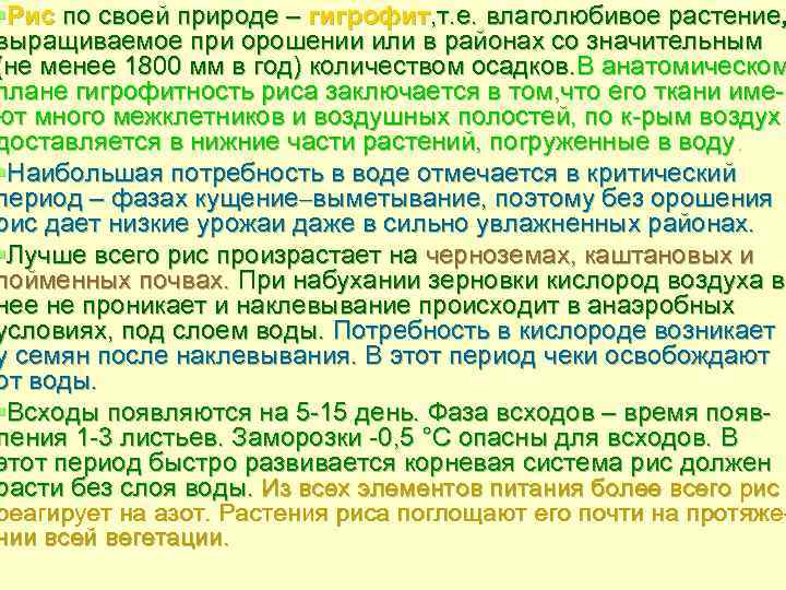 §Рис по своей природе – гигрофит, т. е. влаголюбивое растение, выращиваемое при орошении или