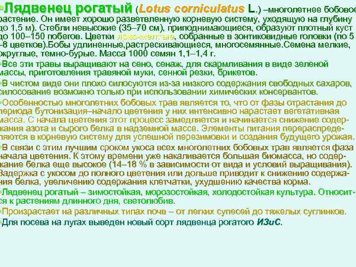 §Лядвенец рогатый (Lotus corniculatus L. ) –многолетнее бобовое растение. Он имеет хорошо разветвленную корневую