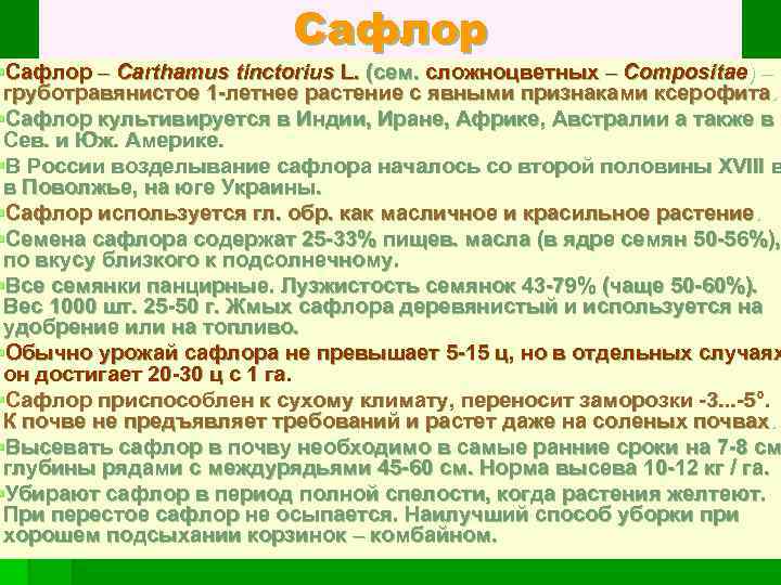 Сафлор §Сафлор – Carthamus tinctorius L. (сем. сложноцветных – Compositae) – груботравянистое 1 летнее