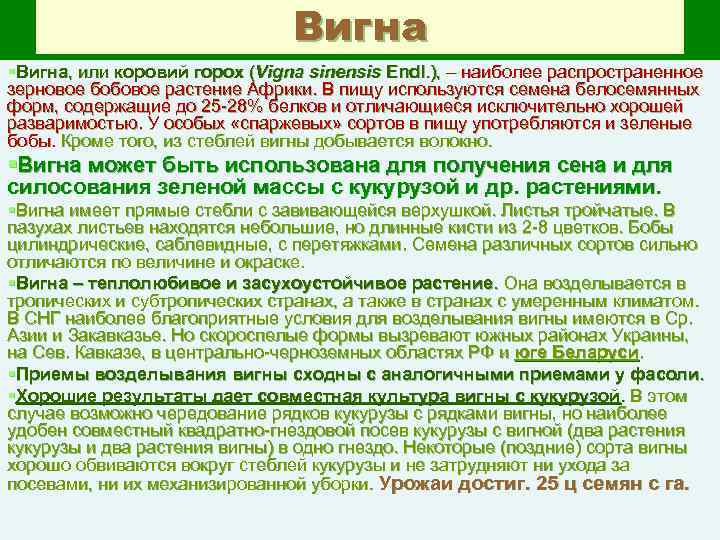 Вигна §Вигна, или коровий горох (Vigna sinensis Endl. ), – наиболее распространенное зерновое бобовое