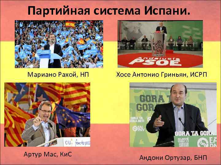 Партийная система Испани. Мариано Рахой, НП Артур Мас, Ки. С Хосе Антонио Гриньян, ИСРП
