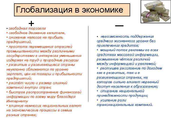 Глобализация в экономике + • свободная торговля • свободное движение капитала, • снижение налогов