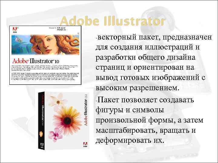 Adobe Illustrator -векторный пакет, предназначен для создания иллюстраций и разработки общего дизайна страниц и