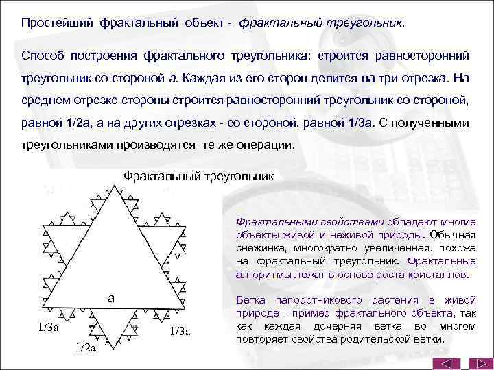 Простейший фрактальный объект - фрактальный треугольник. Способ построения фрактального треугольника: строится равносторонний треугольник со