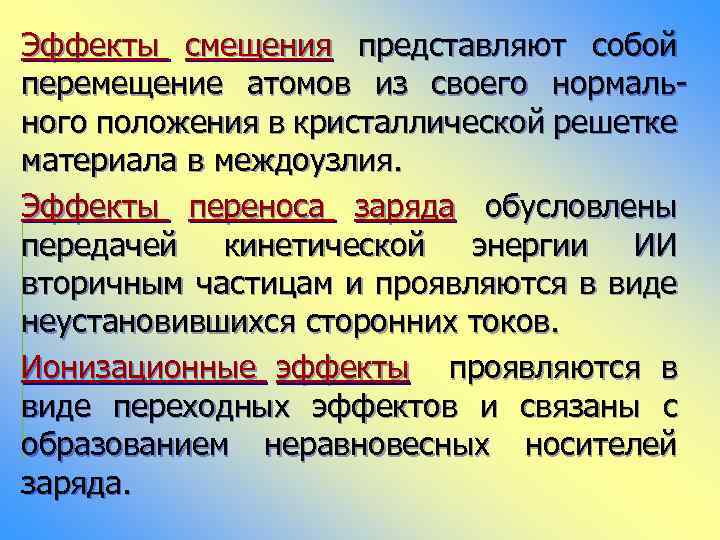Эффекты смещения представляют собой перемещение атомов из своего нормального положения в кристаллической решетке материала
