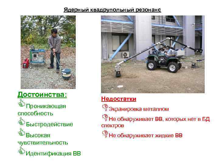 Ядерный квадрупольный резонанс Достоинства: CПроникающая способность CБыстродействие CВысокая чувствительность CИдентификация ВВ Недостатки DЭкранировка металлом